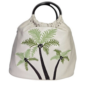 Cole Haan Coconut Palm Tree Embroidered Beaded Leather Top Handle Bag